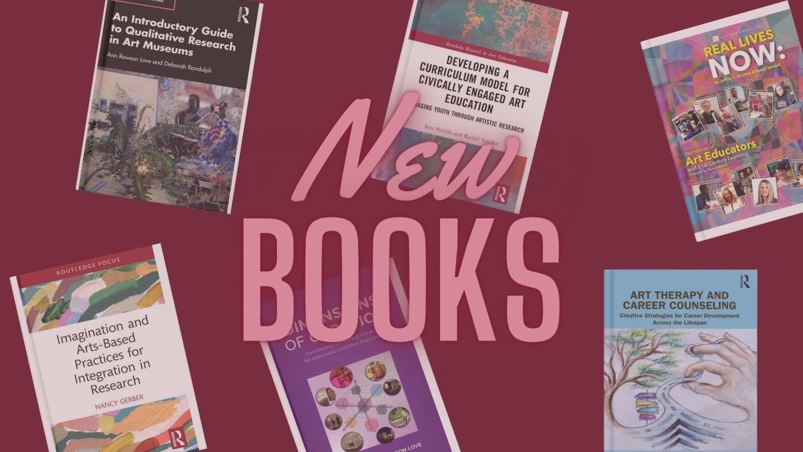 A graphic says "new books" in pink script over images of books in the background. 