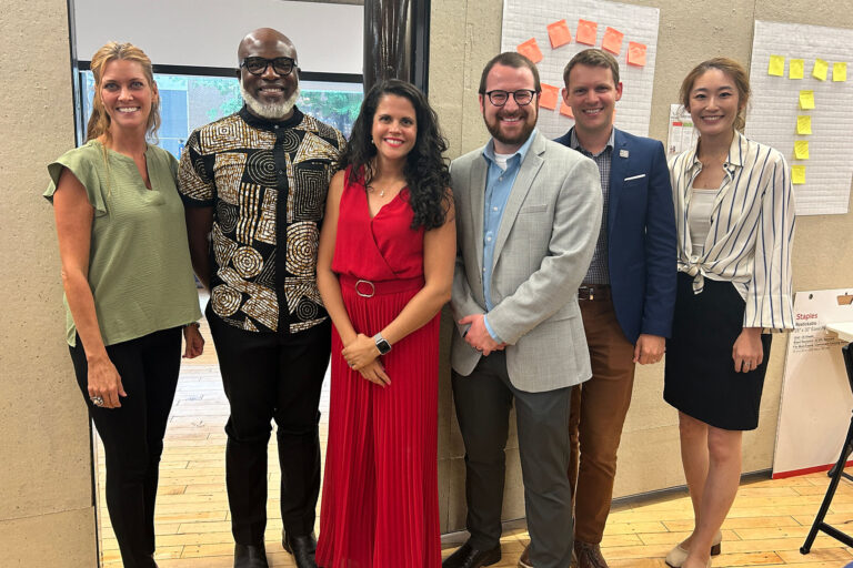 Arts administration faculty Trevor Meagher (center right) and Wen Guo (far right) pose with distinguished alumni of FSU’s Arts Administration program. (College of Fine Arts)
