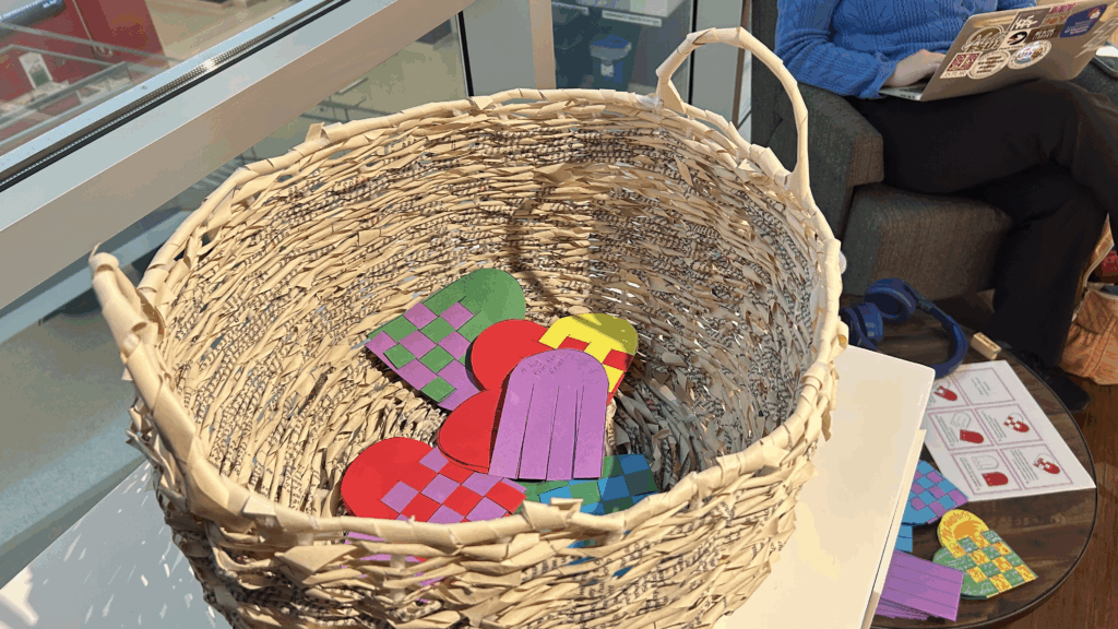 a basket of artwork 