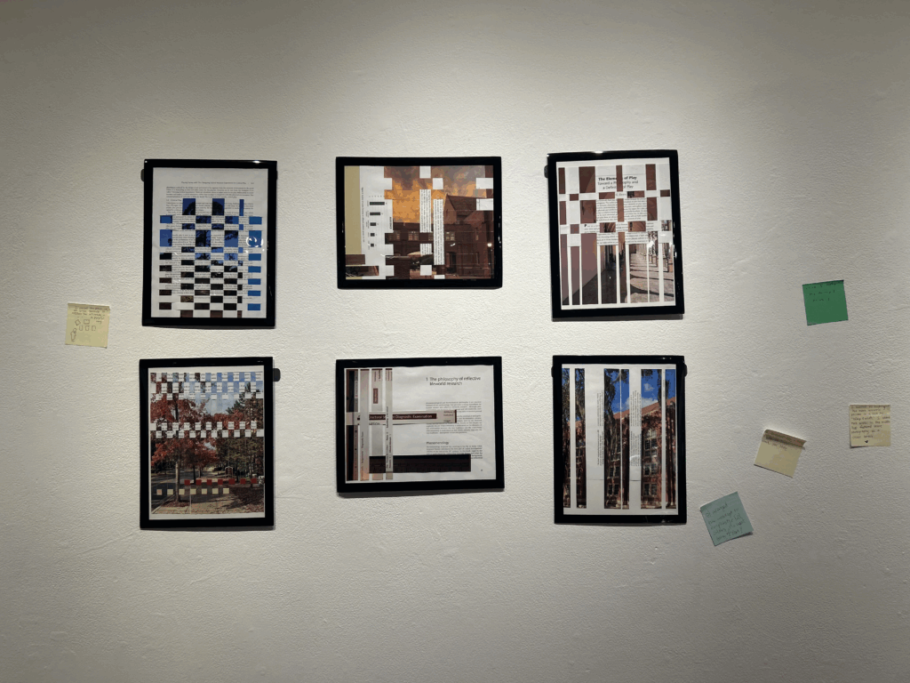 artworks on a wall, with sticky notes around them
