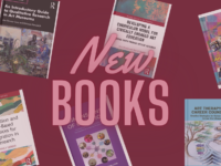 A graphic says "new books" in pink script over images of books in the background.